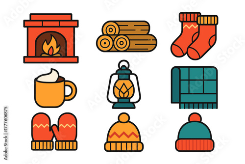 Cozy winter elements set including fireplace, socks, cocoa, blanket, and mittens