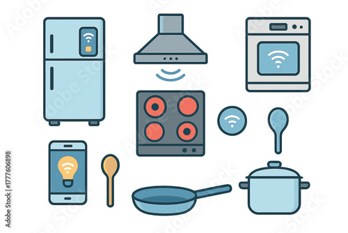 Modern smart kitchen appliances and cooking tools including refrigerator, stove, oven, and mobile control