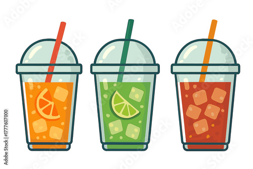 Three colorful iced fruit drinks in plastic cups with straws and ice cubes