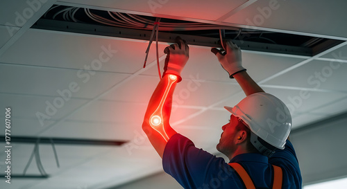 Worker with Elbow Pain Installing Ceiling Wires: Occupational Injury & Joint Health Concept