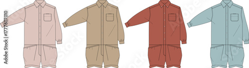 Fashion design templates Flat technical drawings of versatile long-sleeved jumpsuits and coveralls in diverse colors. Ideal for apparel mockups, showcasing modern casual wear concepts