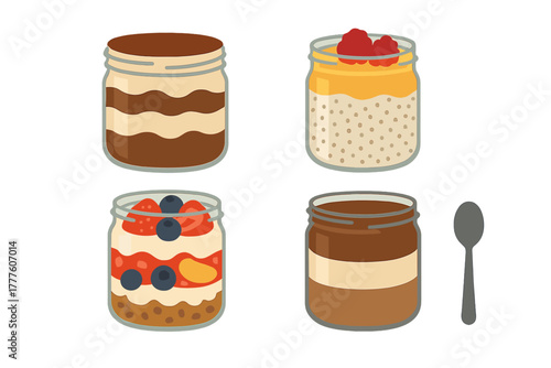 Four layered desserts served in glass jars including chocolate pudding, fruit parfait, and overnight oats with raspberries