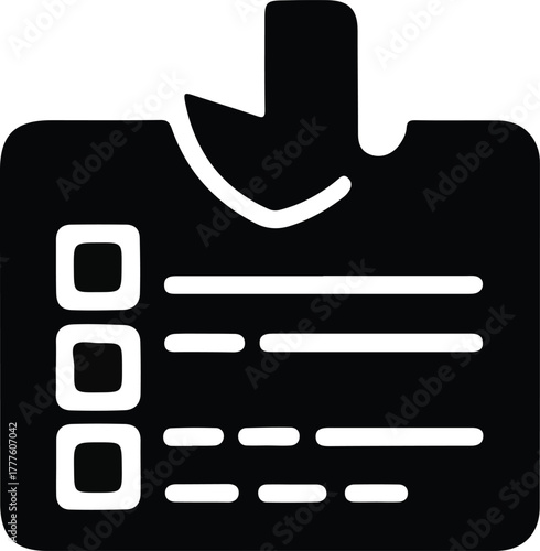 Form submission download icon silhouette, Black silhouette icon showing a form or checklist with a downward arrow, symbolizing submission, download, or data entry process.

