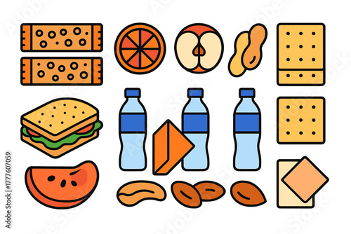 Assortment of portable lunch and quick energy snacks featuring fruit, nuts, sandwich, and bottled water