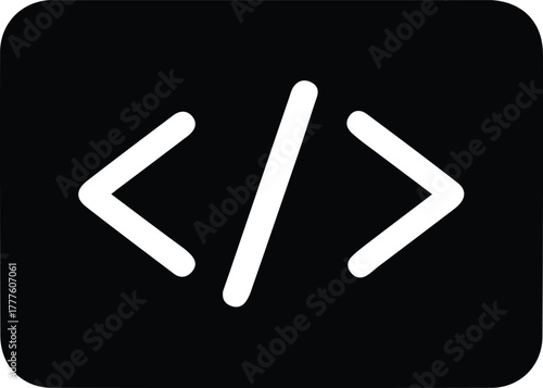 HTML code tag programming icon, Black silhouette icon featuring HTML code tag brackets, symbolizing web development, programming, coding, and digital interface design concepts.

