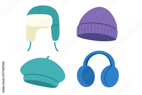 Collection of warm winter head accessories including a trapper hat, knit beanie, beret, and earmuffs