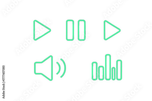 Minimalist neon green outline icons for audio and video player controls interface design elements