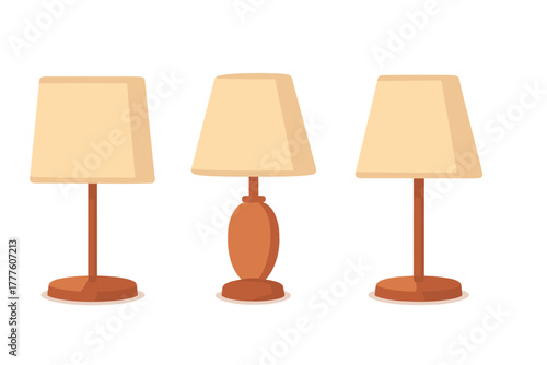 Set of three modern desk lamps featuring beige conical shades and terracotta bases