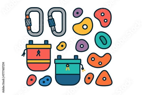 Colorful collection of rock climbing gear including holds, carabiners, and chalk bags
