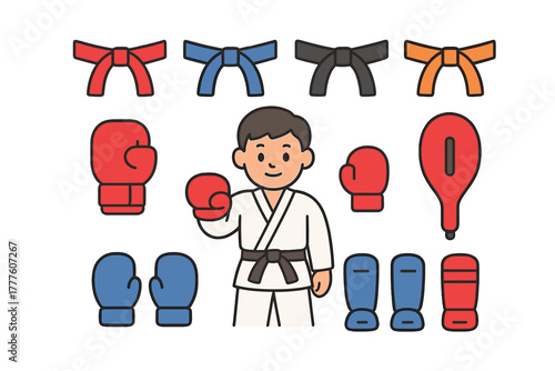 Martial arts training equipment set with colored belts and young athlete in uniform