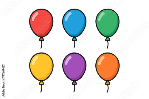 Vibrant set of six helium balloons in various colors for celebration