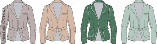 Collection of stylish women's tailored blazers in various earth tones and green shades, presented as flat technical fashion sketches for apparel design and merchandising vectors