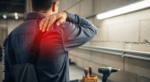 Worker experiencing shoulder pain and injury in an industrial setting, highlighting physical strain and discomfort.