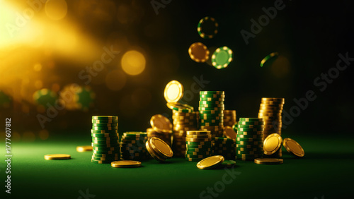Stacks of green casino chips with flying gold coins, bokeh