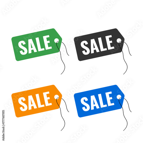 Set of colored tags on a thread with the text sale