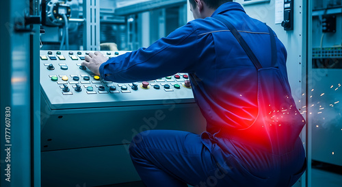 Industrial worker experiencing lower back pain while operating machinery, highlighting occupational injury and health hazard.