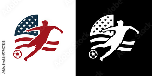 Modern abstract soccer player logo with USA flag pattern symbolizing American sports pride