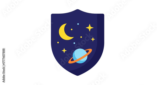 Space Shield Icon with Moon Stars and Planet.