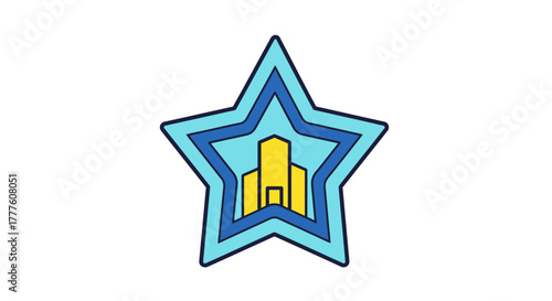 Star shaped logo with building inside.