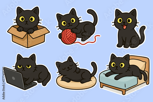 Funny and Cute Black Cat Stickers Collection, Adorable Cartoon Cats Playing, Sleeping, and Doing Funny Things