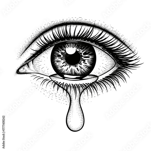 Eye with tear dropping,  engraving concept of engraving  