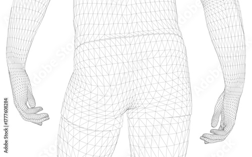 A man in underpins stands with hands on hips, depicted as a black and white wireframe model against a plain white background. Back view