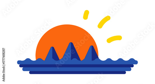 Stylized Sun Rising Over Blue Mountains and Water.