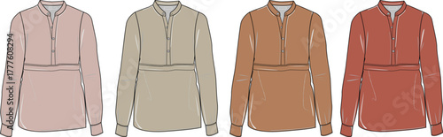 Collection of four women's collared shirts in different earthy tones, showcasing versatile fashion options