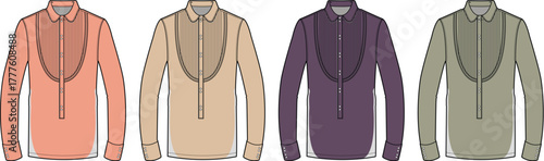 Men's long-sleeved shirts design concept with unique curved placket and band collar. Multiple colors for fashion, uniform, or sophisticated apparel styling