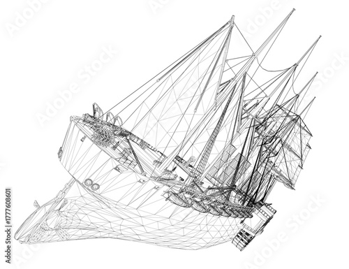 A tall ship wireframe drawing with billowing sails navigates the ocean. The black and white illustration on a white background depicts a passenger vessel in motion.