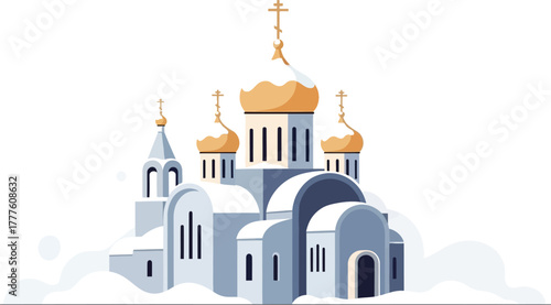 A serene illustration of a white domed church covered in snow, set against a soft, blurred background, evoking a sense of winter peace and architectural beauty