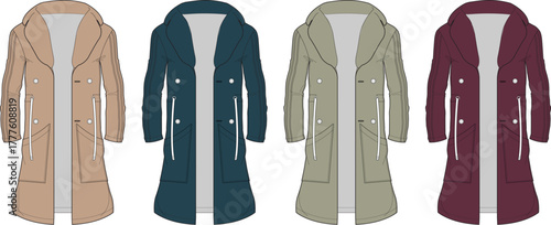 Collection of classic double-breasted trench coat fashion flat sketches. Apparel design vector template set in four different color options for mockups