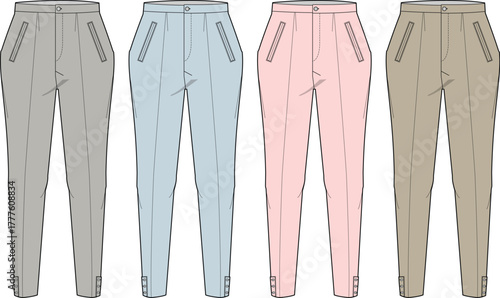 Fashion flats of women's modern tapered trousers in diverse colors, featuring pockets and cuffed hems, ideal for apparel design