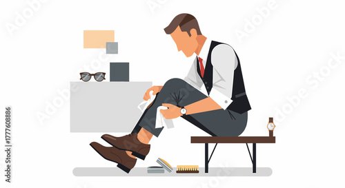 Attentive Grooming Man Polishing His Shoes With Care And Precision