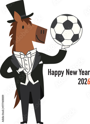 サッカーボールを持った燕尾服のかわいい馬の2026年午年年賀状用ベクターイラスト