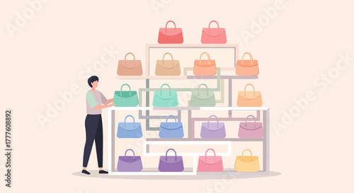 Bags Displayed On Shelves In A Retail Setting With Buyer