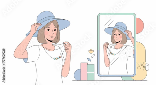 Elegant Woman Trying On A Hat And Admiring Herself In A Mirror