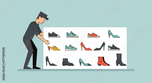 Man Arranging Fashionable Footwear Designs Displayed On An Exhibition Wall