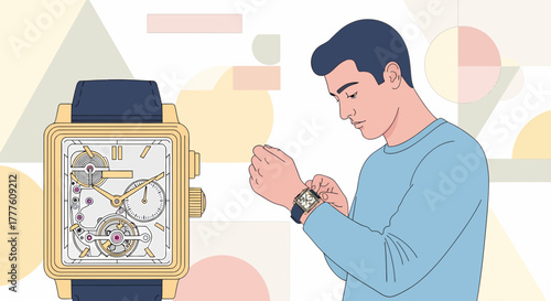 Man Adjusting Luxury Watch With A Skeleton Dial On Geometric Background
