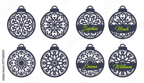 Set of Christmas ball ornaments with snowflakes and space for a name or greeting. Stencil template for laser cutting. Holiday decoration, personalized festive gifts decor. Black and white silhouette