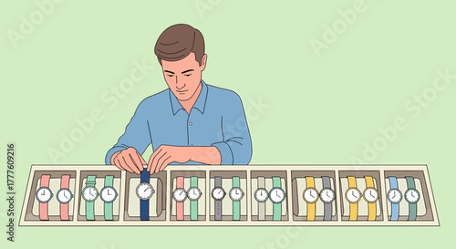 Man Choosing Stylish Wristwatches From Display Rack For Gift