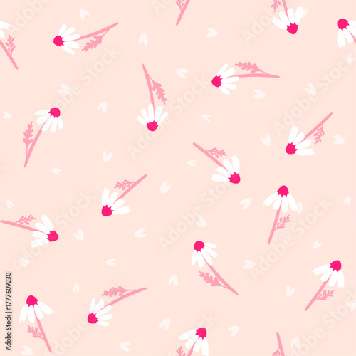 Vector love chamomile seamless pattern. Hand drawn white flowers and hearts on soft pink background. Floral cute print for Valentines day wallpaper, fashion print design, fabric, textile, decoration.