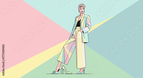 Stylish Woman In Pastel Suit Against Geometric Backdrop Illustration
