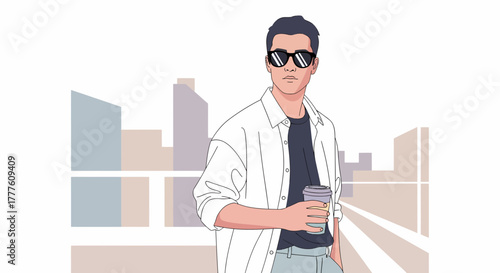 Stylish Man Enjoying Coffee In Cityscape Vector Illustration