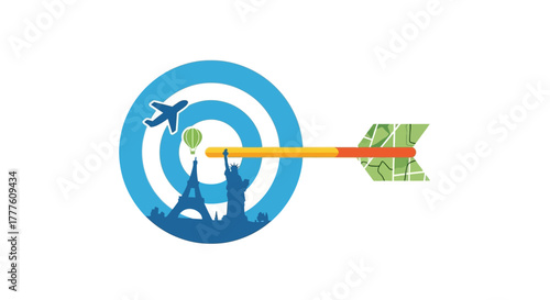 Travel destination target concept with airplane and landmarks.