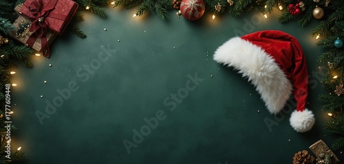 Christmas holiday flat lay with santa hat, gift box, evergreen branches, and sparkling lights on a dark green background, top view with copy space