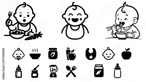 Baby Food and Feeding Vector Icons Set - Monochrome Line Art