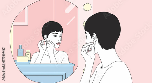 Stylish Woman Putting On Earrings in The Mirror Illustration