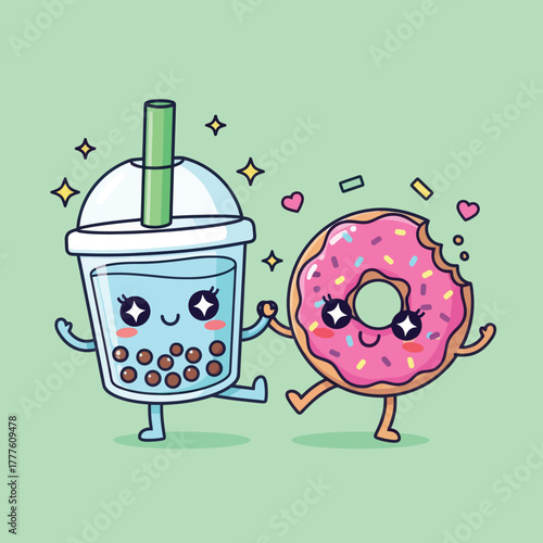 Cute Boba Tea and Donut Cartoon Characters