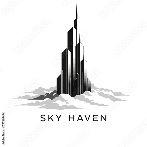 Art Deco Skyscraper City Skyline Clouds Vector Logo